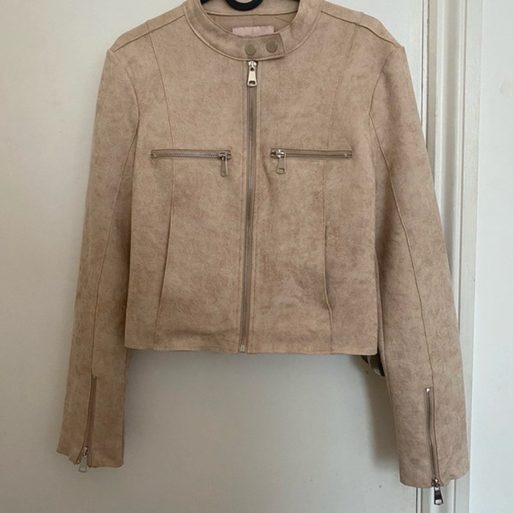 Tan Bomber Jacket with Suede Texture and Cropped Length